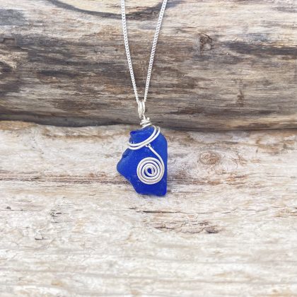 Blue Seaglass & Silver Spiral Pendant