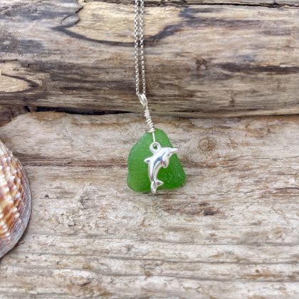 Green Seaglass Dolphin Silver Pendant