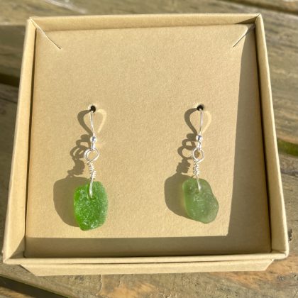 Simple Green Seaglass & Silver Earrings