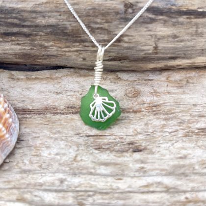 Green Seaglass & Silver Shell Pendant