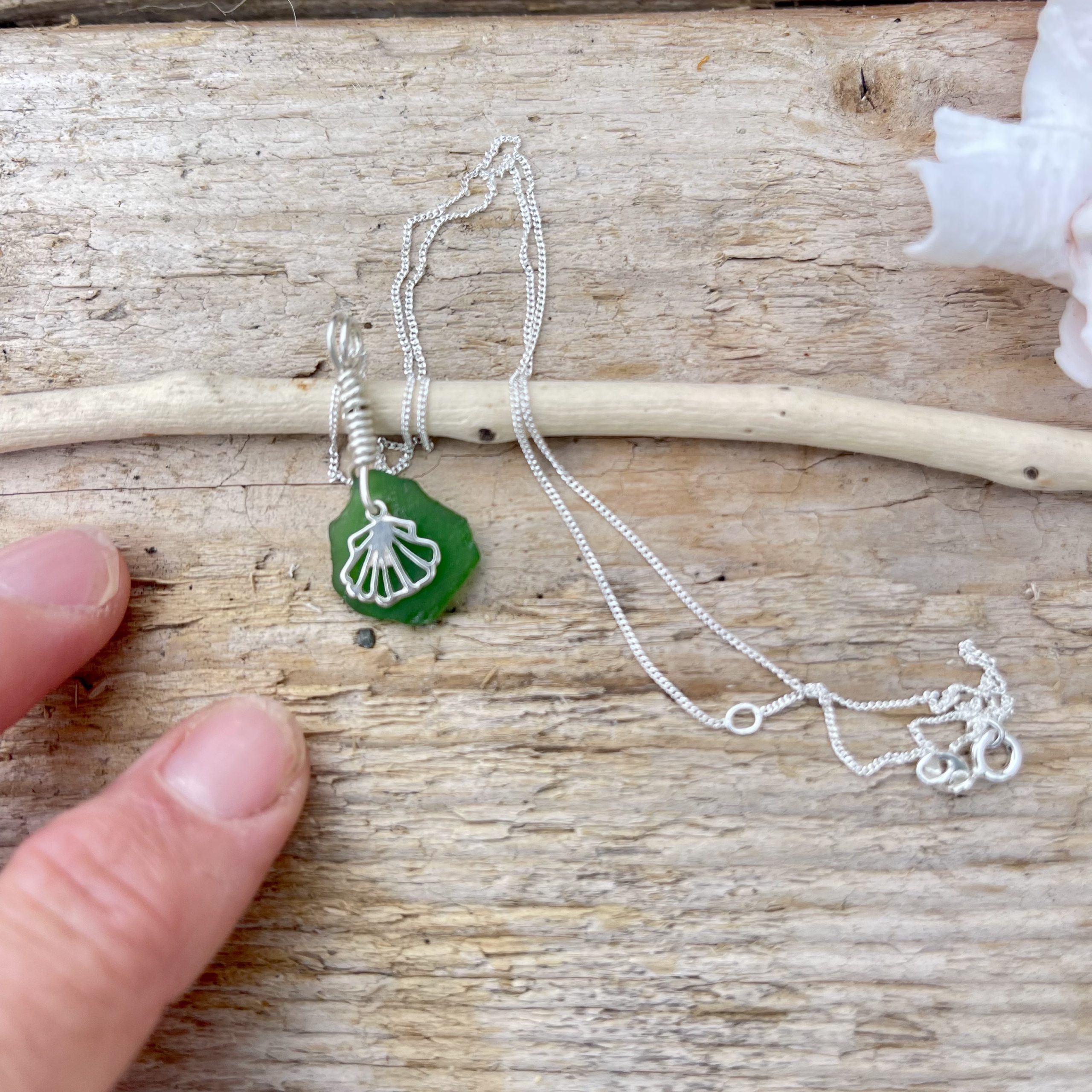 Green Seaglass & Silver Shell Pendant - Image 4
