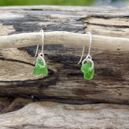 Small Green Seaglass & Silver Earrings