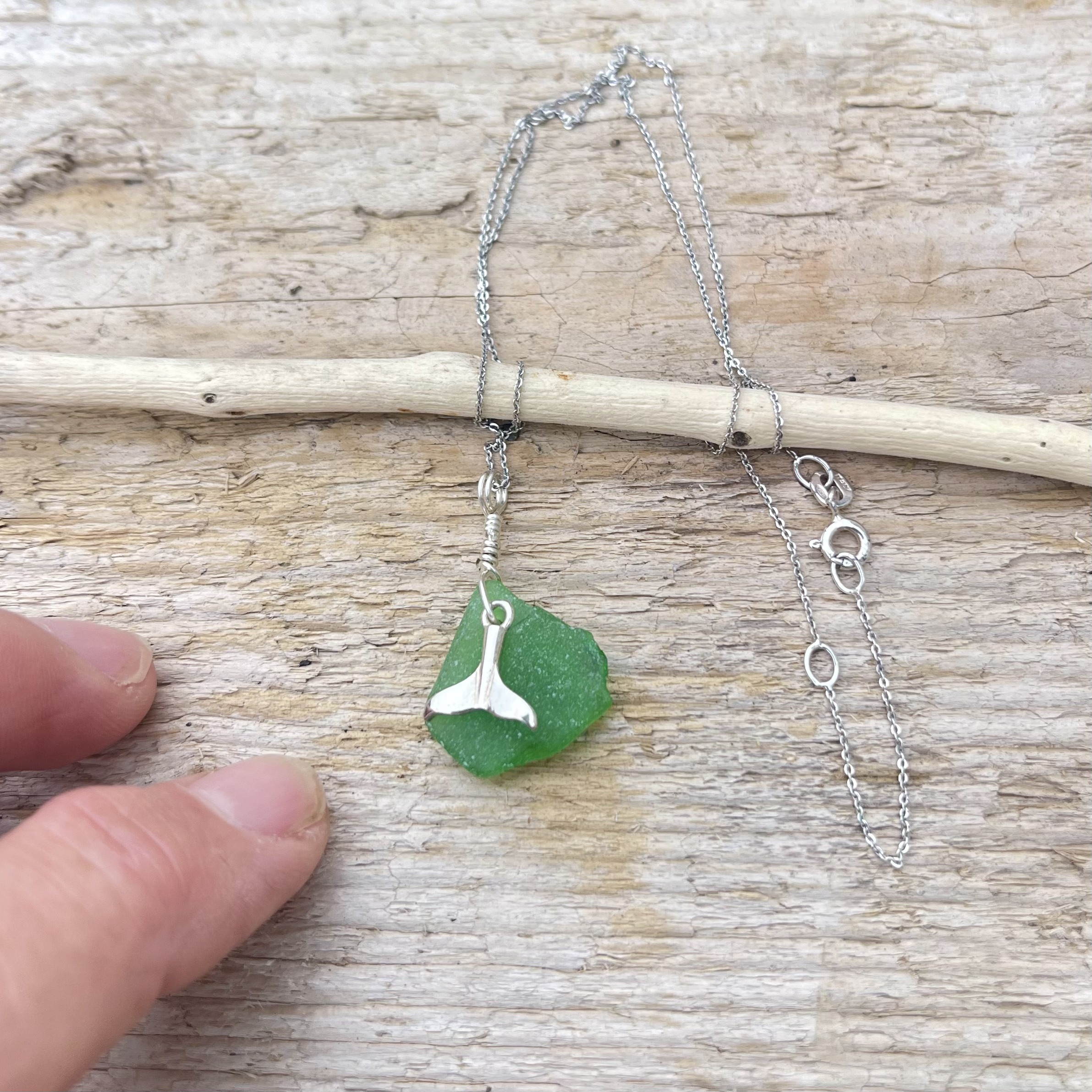 Green Seaglass Whale Tail Silver Pendant - Image 3