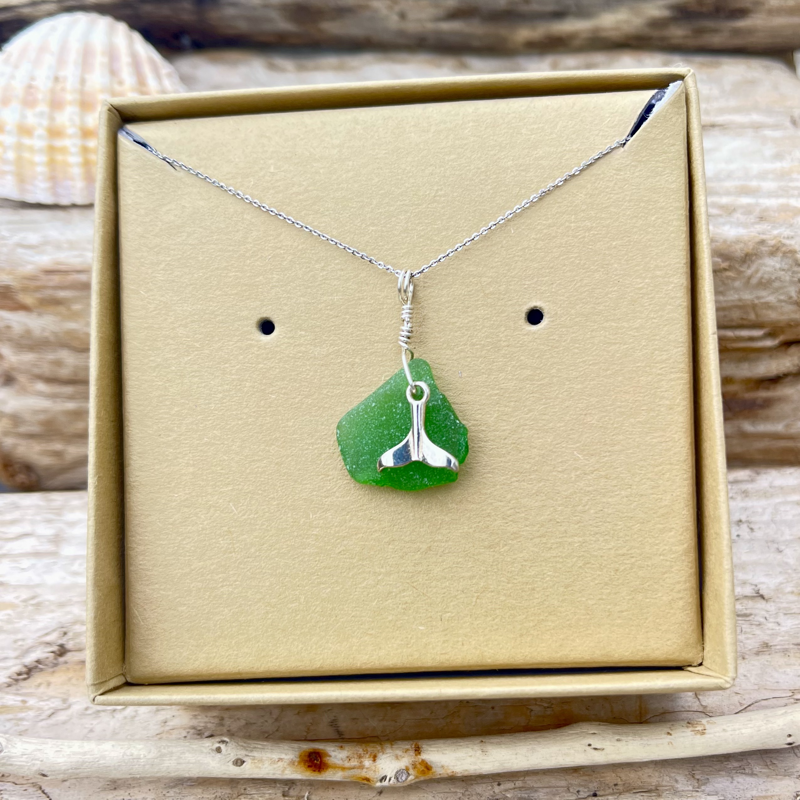 Green Seaglass Whale Tail Silver Pendant - Image 2