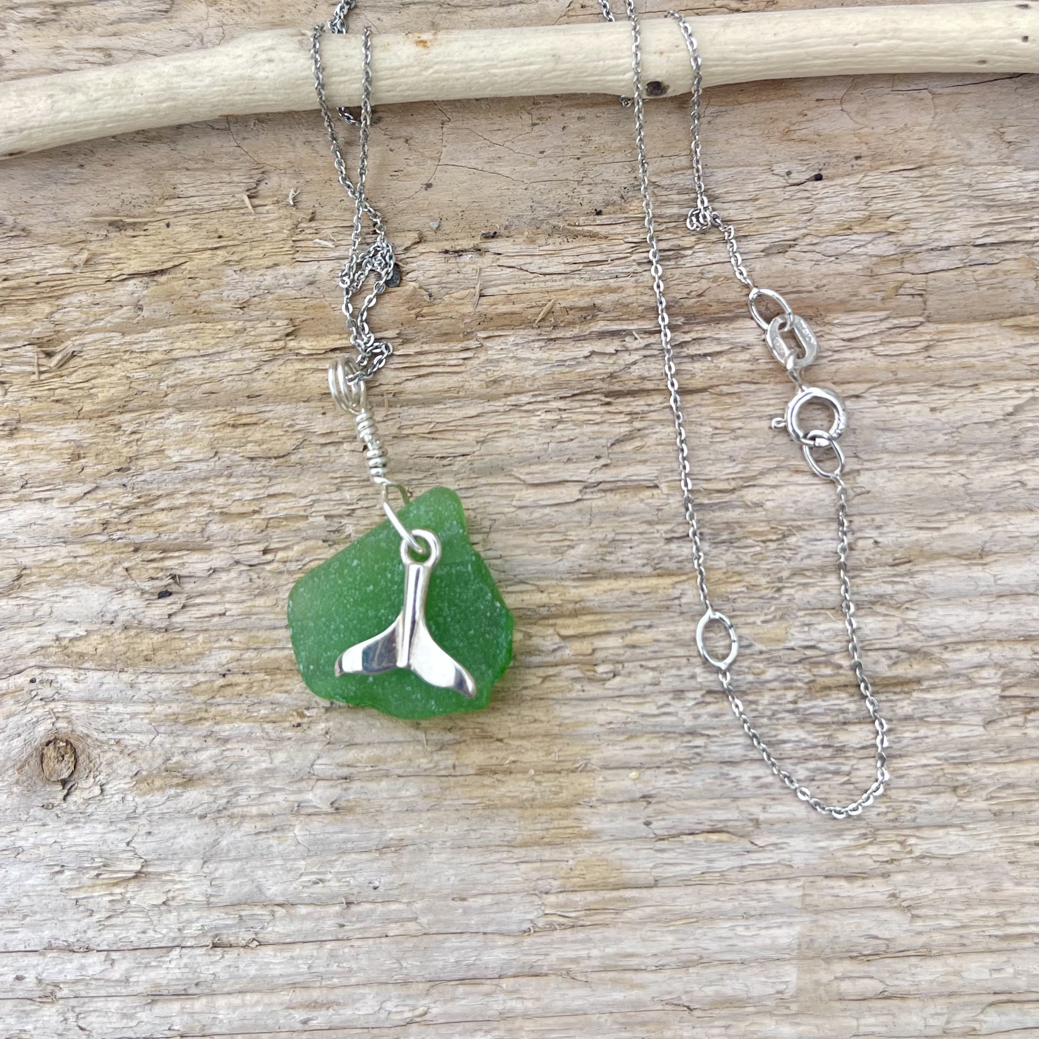 Green Seaglass Whale Tail Silver Pendant - Image 4