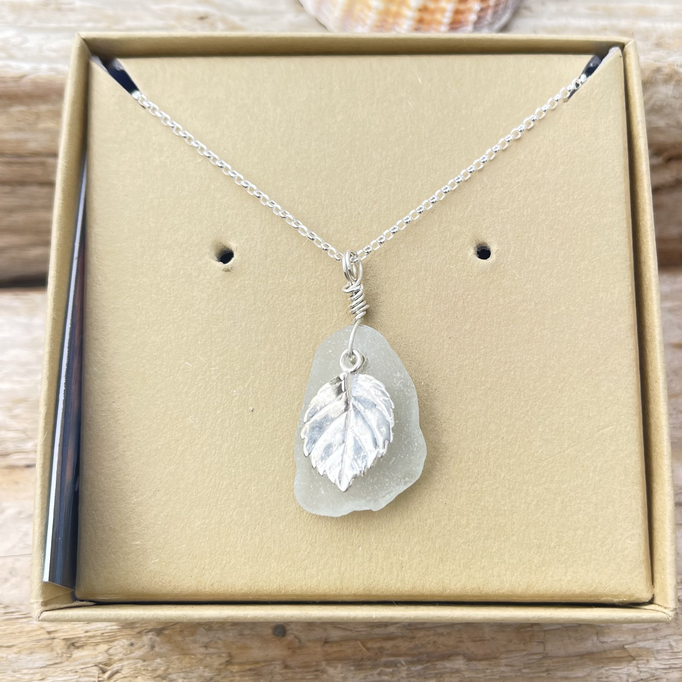 White Seaglass & Silver Leaf Pendant - Image 2