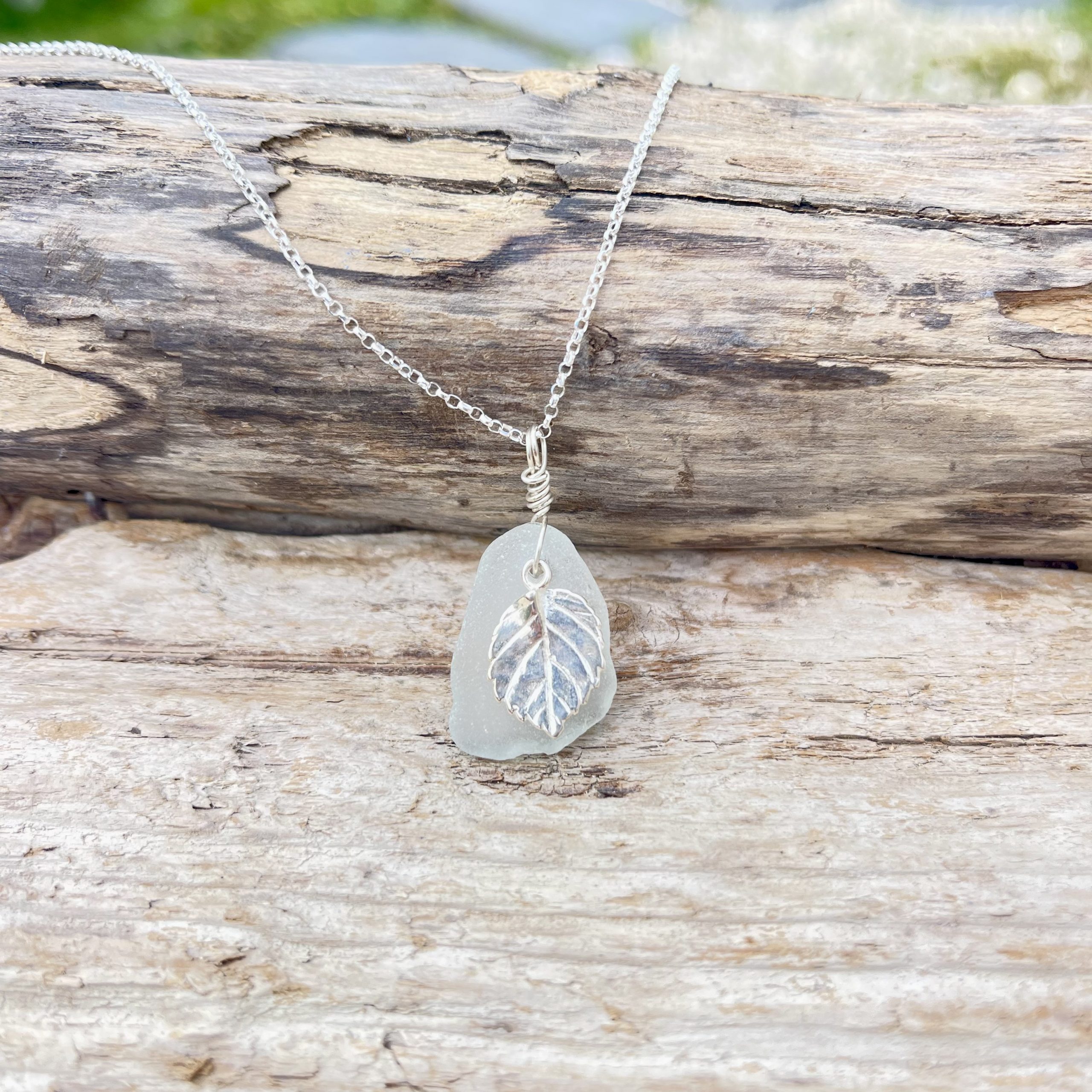 White Seaglass & Silver Leaf Pendant - Image 3
