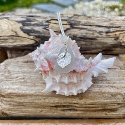 White Seaglass & Silver Leaf Pendant