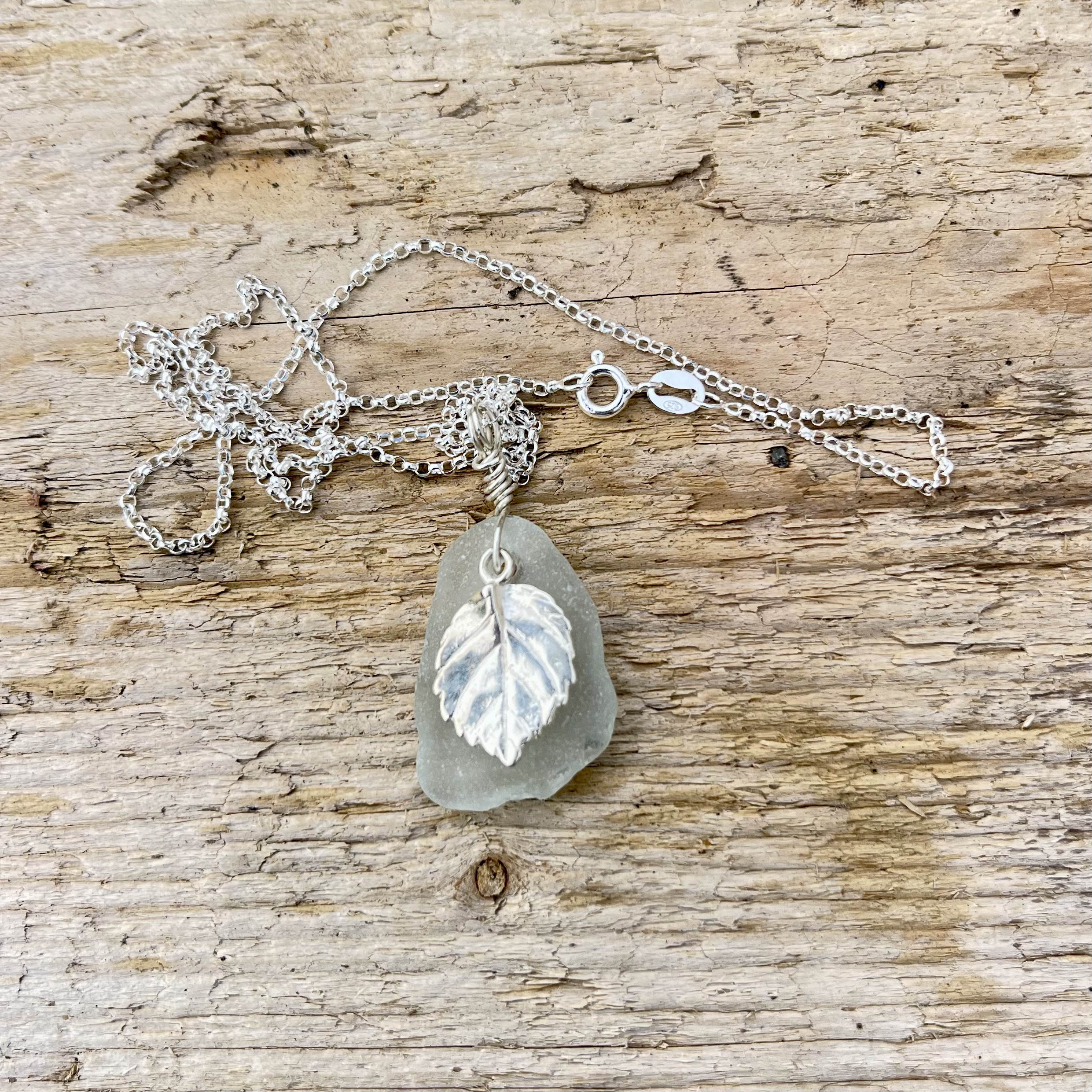White Seaglass & Silver Leaf Pendant - Image 4