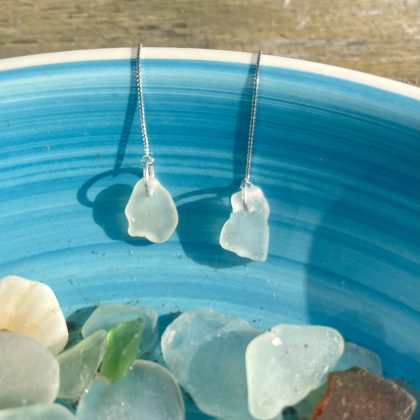 White Seaglass & Silver Threader Earrings
