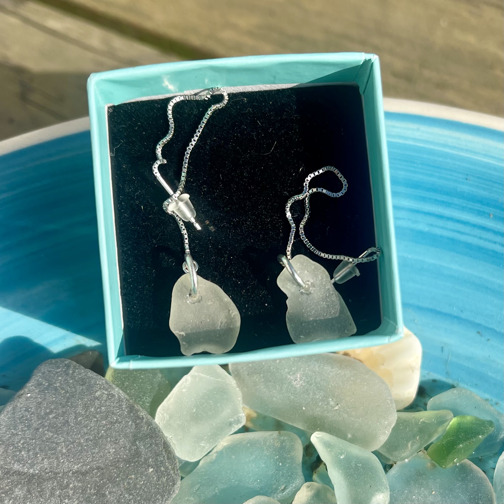 White Seaglass & Silver Threader Earrings - Image 3